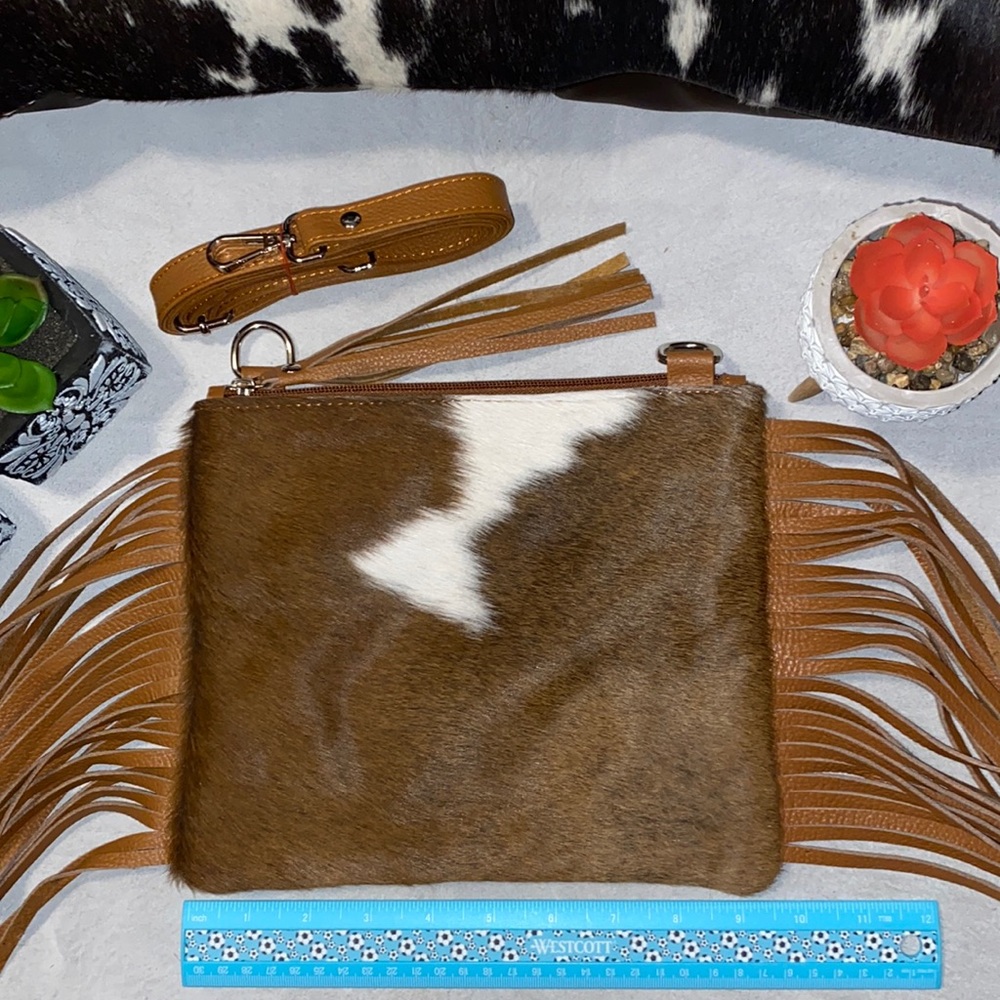 New Handmade Real Cowhide Leather Crossbody Purse Handbag Hair On With Fringes